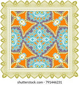 Decorative colorful ornament on a white background, symmetric pattern with doodle lace frame. Tribal ethnic mandala decor. Bandanna shawl, tablecloth fabric print, silk neck scarf, kerchief design