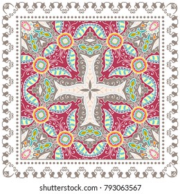 Decorative colorful ornament on a white background, symmetric pattern with doodle lace frame. Tribal ethnic mandala decor. Bandanna shawl, tablecloth fabric print, silk neck scarf, kerchief design