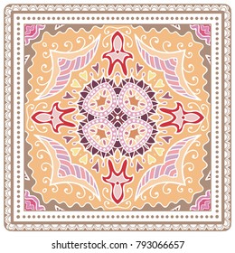 Decorative colorful ornament on a white background, symmetric pattern with doodle lace frame. Tribal ethnic mandala decor. Bandanna shawl, tablecloth fabric print, silk neck scarf, kerchief design