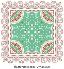 Decorative colorful ornament on a white background, symmetric pattern with doodle lace frame. Tribal ethnic mandala decor. Bandanna shawl, tablecloth fabric print, silk neck scarf, kerchief design