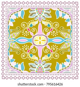 Decorative colorful ornament on a white background, symmetric pattern with doodle lace frame. Tribal ethnic mandala decor. Bandanna shawl, tablecloth fabric print, silk neck scarf, kerchief design