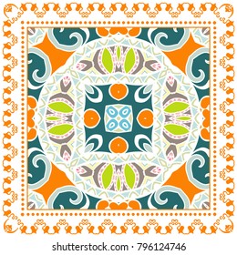 Decorative colorful ornament on a white background, symmetric pattern with doodle lace frame. Tribal ethnic mandala decor. Bandanna shawl, tablecloth fabric print, silk neck scarf, kerchief design
