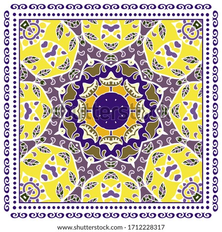 Decorative colorful ornament on white background, symmetric pattern with doodle lace frame. Tribal ethnic mandala decor. Bandana shawl, hijab, tablecloth fabric print, silk neck scarf, kerchief design