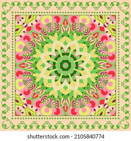Decorative colorful ornament on yellow background, symmetric pattern, doodle lace frame. Tribal ethnic mandala decor. Bandana shawl, hijab, tablecloth fabric print, silk neck scarf, kerchief design