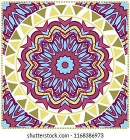 Decorative colorful ornament with round mandala decoration. symmetric pattern . For print Bandanna, shawl, tablecloth, fabric fashion, scarf, design.