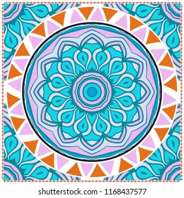 Decorative colorful ornament with round mandala decoration. symmetric pattern . For print Bandanna, shawl, tablecloth, fabric fashion, scarf, design.
