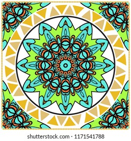Decorative colorful ornament with round mandala decoration. symmetric pattern . For print Bandanna, shawl, tablecloth, fabric fashion, scarf, design.