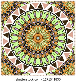 Decorative colorful ornament with round mandala decoration. symmetric pattern . For print Bandanna, shawl, tablecloth, fabric fashion, scarf, design.
