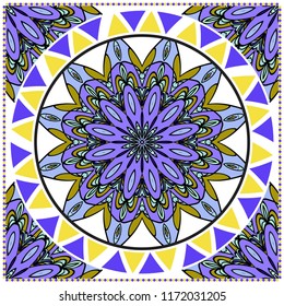Decorative colorful ornament with round mandala decoration. symmetric pattern . For print Bandanna, shawl, tablecloth, fabric fashion, scarf, design.