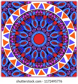 Decorative colorful ornament with round mandala decoration. symmetric pattern . For print Bandanna, shawl, tablecloth, fabric fashion, scarf, design.