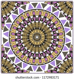 Decorative colorful ornament with round mandala decoration. symmetric pattern . For print Bandanna, shawl, tablecloth, fabric fashion, scarf, design.