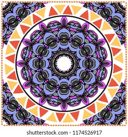 Decorative colorful ornament with round mandala decoration. symmetric pattern . For print Bandanna, shawl, tablecloth, fabric fashion, scarf, design.