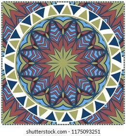 Decorative colorful ornament with round mandala decoration. symmetric pattern . For print Bandanna, shawl, tablecloth, fabric fashion, scarf, design.