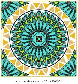 Decorative colorful ornament with round mandala decoration. symmetric pattern . For print Bandanna, shawl, tablecloth, fabric fashion, scarf, design.