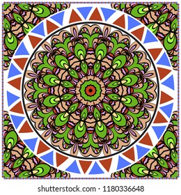 Decorative colorful ornament with round mandala decoration. symmetric pattern . For print Bandanna, shawl, tablecloth, fabric fashion, scarf, design.