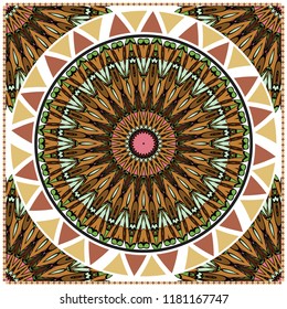 Decorative colorful ornament with round mandala decoration. symmetric pattern . For print Bandanna, shawl, tablecloth, fabric fashion, scarf, design.