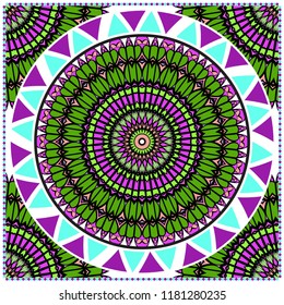 Decorative colorful ornament with round mandala decoration. symmetric pattern . For print Bandanna, shawl, tablecloth, fabric fashion, scarf, design.