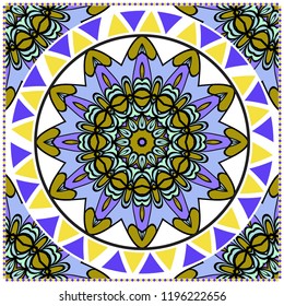Decorative colorful ornament with round mandala decoration. symmetric pattern . For print Bandanna, shawl, tablecloth, fabric fashion, scarf, design.