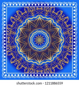 Decorative colorful ornament with round mandala decoration. symmetric pattern . For print Bandanna, shawl, tablecloth, fabric fashion, scarf, design.