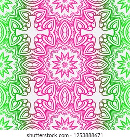 Decorative Colorful Ornament With Round Mandala Decoration. Symmetric Seamless Pattern . For Print Bandanna, Shawl, Tablecloth, Fabric Fashion, Scarf, Design.