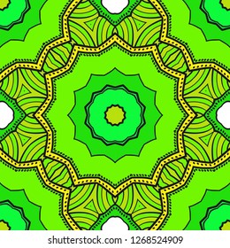 Decorative Colorful Ornament With Round Mandala Decoration. Symmetric Seamless Pattern . For Print Bandanna, Shawl, Tablecloth, Fabric Fashion, Scarf, Design.