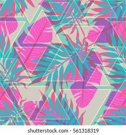 decorative colorful palm tree foliage. Tropical palm leaves, jungle leaves seamless vector floral triangular memphis pattern, trendy hipster abstract background