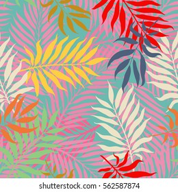 decorative colorful palm tree foliage. Tropical palm leaves, jungle leaves seamless vector floral pattern, trendy hipster memphis abstract background