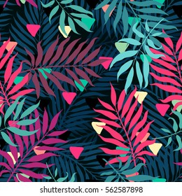 decorative colorful palm tree foliage. Tropical palm leaves with triangle, jungle leaves seamless vector floral pattern, trendy hipster abstract background
