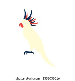 Decorative colorful parrot kakadu, Australian wild animal, Tropical bird cartoon character design, Cute flat vector illustration isolated on white, for design zoo alphabet, invitation, greeting card
