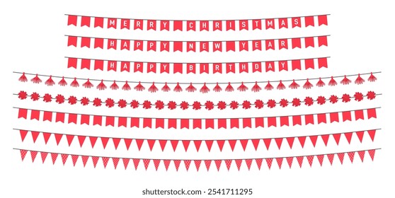Decorative colorful party garland for birthday, Christmas, New Year celebration. Carnival garland with flags isolated on transparent background