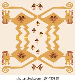 Decorative colorful pattern with a native American influence featuring dragons or mythical figures