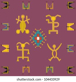 Decorative colorful pattern with a vibrant original native American feel featuring mythical characters