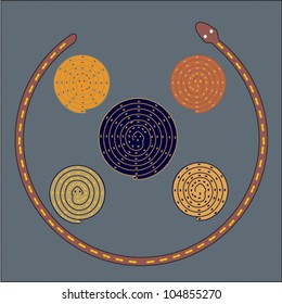Decorative colorful pattern with a vibrant original African feel featuring snakes in a circular pattern