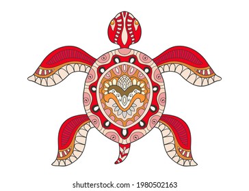 Decorative colorful sea turtle with patterned ornament in zen-doodle style. Tribal totem animal, isolated element for scrapbook, invitation card, book cover design, textile fabric print