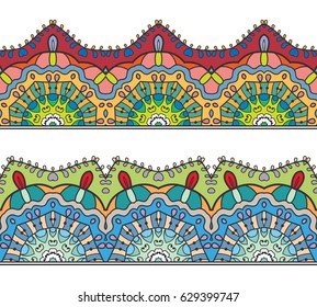 Decorative colorful seamless borders set. Tribal ethnic arabic, indian, turkish frame ornament. Isolated design elements for invitation cards, fabric or paper print. Colorful fashion collection