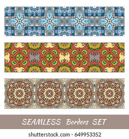 Decorative colorful seamless borders set. Tribal ethnic arabic, indian, turkish ornament. Isolated frame elements, geometric patterns, fashion collection