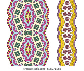 Decorative colorful seamless borders set. Tribal ethnic arabic, indian, turkish frame ornament. Isolated design elements for invitation cards, fabric or paper print. Colorful fashion collection