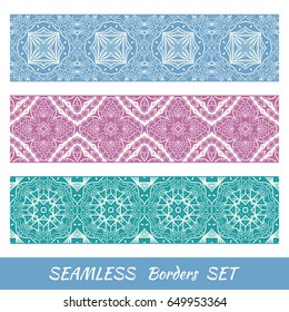 Decorative colorful seamless lace borders set. Tribal ethnic arabic, indian, turkish ornament.. Isolated frame elements, geometric patterns, fashion collection