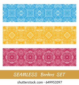 Decorative colorful seamless lace borders set. Tribal ethnic arabic, indian, turkish ornament.. Isolated frame elements, geometric patterns, fashion collection