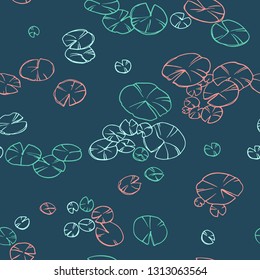Decorative colorful seamless lily pads. Ornamental line art hand drawing. Vector pattern on dark blue background.