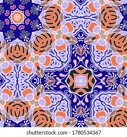 Decorative colorful seamless pattern. Fantasy doodle background with stylized flowers and leaves. Hand drawn ethnic mandala ornament for textile fabric or paper print. Design for scarf, shawl, hijab