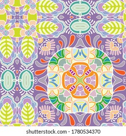 Decorative colorful seamless pattern. Fantasy doodle background with stylized flowers and leaves. Hand drawn ethnic mandala ornament for textile fabric or paper print. Design for scarf, shawl, hijab