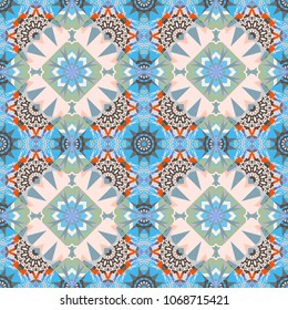Decorative colorful seamless pattern, geometric pattern in blue, gray and pink colors. Vector tribal ethnic ornament. Bandanna shawl, tablecloth fabric print, silk neck scarf, kerchief design.