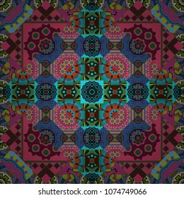 Decorative colorful seamless pattern, geometric pattern in brown, magenta and blue colors. Vector tribal ethnic ornament. Bandanna shawl, tablecloth fabric print, silk neck scarf, kerchief design.