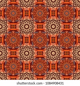 Decorative colorful seamless pattern, geometric pattern in brown, orange and red colors. Vector tribal ethnic ornament. Bandanna shawl, tablecloth fabric print, silk neck scarf, kerchief design.
