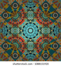 Decorative colorful seamless pattern, geometric pattern in orange, brown and blue colors. Vector tribal ethnic ornament. Bandanna shawl, tablecloth fabric print, silk neck scarf, kerchief design.