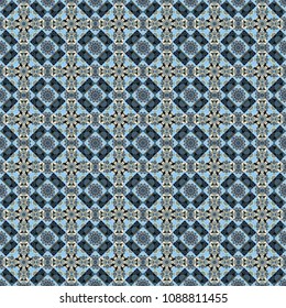Decorative colorful seamless pattern, geometric pattern in beige, green and blue colors. Raster tribal ethnic ornament. Bandanna shawl, tablecloth fabric print, silk neck scarf, kerchief design.