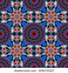 Decorative colorful seamless pattern, geometric pattern in black, red and blue colors. Vector tribal ethnic ornament. Bandanna shawl, tablecloth fabric print, silk neck scarf, kerchief design.