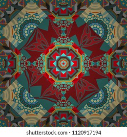 Decorative colorful seamless pattern, geometric pattern in red, beige and blue colors. Vector tribal ethnic ornament. Bandanna shawl, tablecloth fabric print, silk neck scarf, kerchief design.