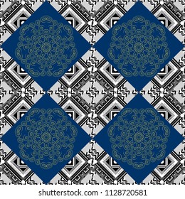Decorative colorful seamless pattern, geometric pattern in black, blue and gray colors. Vector tribal ethnic ornament. Bandanna shawl, tablecloth fabric print, silk neck scarf, kerchief design.